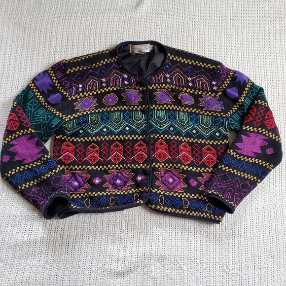 Vintage All Week Cardigan Sweater Women's Large Geometric Embroidered Beaded - Picture 1 of 11